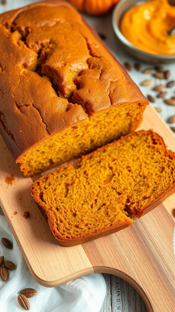 Moist Pumpkin Bread Recipe A golden loaf of pumpkin bread sliced on a wooden board, with pumpkin seeds and puree nearby.